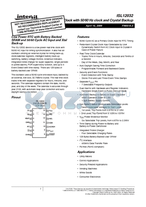 ISL12032 datasheet - Low Power RTC with Battery Backed SRAM and 50/60 Cycle AC Input and Xtal Back-up