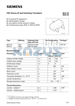 Q62702-C1485 datasheet - PNP Silicon AF and Switching Transistors (For general AF applications High breakdown voltage)