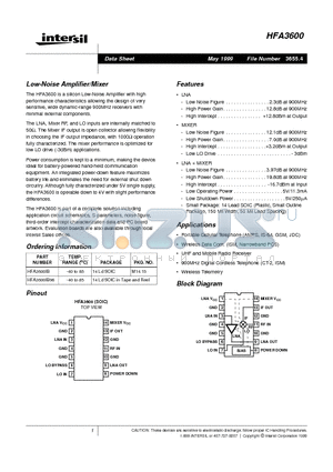 HFA3600IB datasheet - Low-Noise Amplifier/Mixer