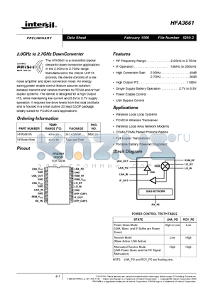 HFA3661IA datasheet - 2.0GHz to 2.7GHz DownConverter