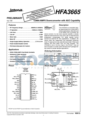 HFA3665 datasheet - CDMA/AMPS Downconverter with AGC Capability