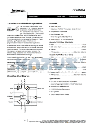 HFA3683AIN datasheet - 2.4GHz RF/IF Converter and Synthesizer