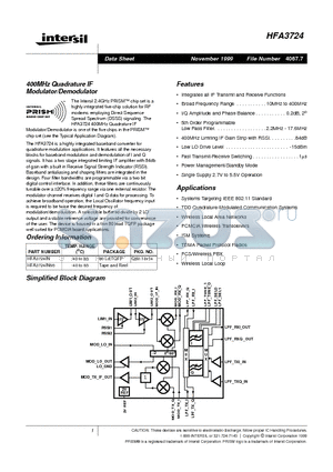 HFA3724 datasheet - 400MHz Quadrature IF Modulator/Demodulator