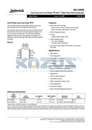 ISL12059 datasheet - Low Cost and Low Power I2C Bus Real Time Clock/Calendar