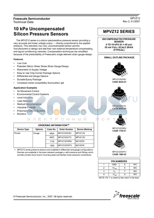 MPVZ12GW7U datasheet - 10 kPa Uncompensated Silicon Pressure Sensors
