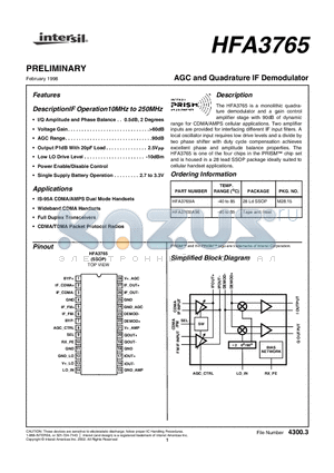 HFA3765 datasheet - AGC and Quadrature IF Demodulator