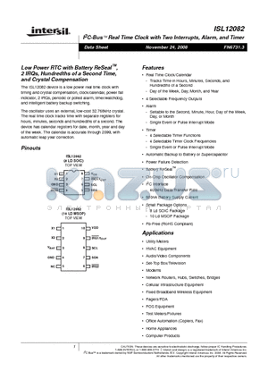 ISL12082IB8Z-T datasheet - I2C-Bus Real Time Clock with Two Interrupts, Alarm, and Timer