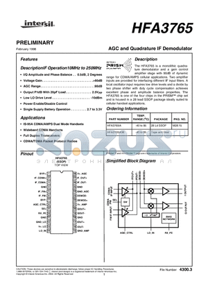 HFA3765IA96 datasheet - AGC and Quadrature IF Demodulator
