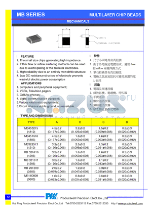 MB201209U800 datasheet - MULTILAYER CHIP BEADS