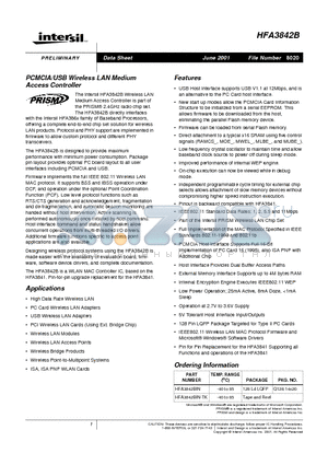 HFA3842BIN-TK datasheet - PCMCIA/USB Wireless LAN Medium Access Controller