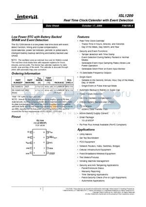 ISL1209IU10 datasheet - Low Power RTC with Battery Backed SRAM and Event Detection