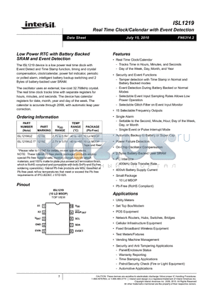 ISL1219IUZ datasheet - Low Power RTC with Battery Backed SRAM and Event Detection