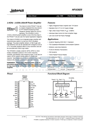 HFA3925 datasheet - 2.4GHz - 2.5GHz 250mW Power Amplifier