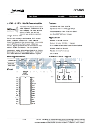 HFA3926IA96 datasheet - 2.0GHz - 2.7GHz 250mW Power Amplifier