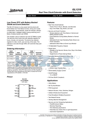 ISL1219IUZ-T datasheet - Low Power RTC with Battery Backed SRAM and Event Detection