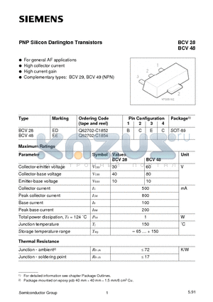 Q62702-C1852 datasheet - PNP Silicon Darlington Transistors (For general AF applications High collector current)