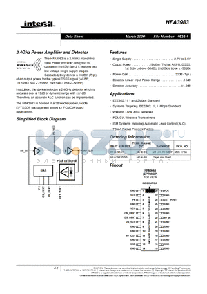 HFA3983IV datasheet - 2.4GHz Power Amplifier and Detector