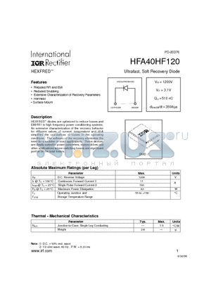 HFA40HF120 datasheet - HEXFRED TM Ultrafast, Soft Recovery Diode