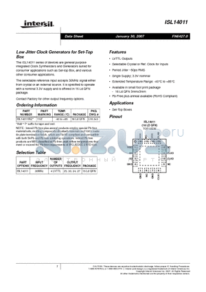 ISL14011IRZ datasheet - Low Jitter Clock Generators for Set-Top Box