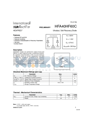 HFA40HF60C datasheet - Ultrafast, Soft Recovery Diode