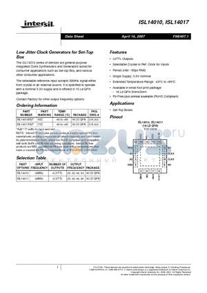 ISL14010 datasheet - Low Jitter Clock Generators for Set-Top Box