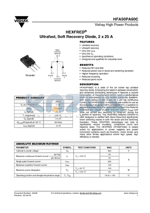 HFA50PA60C datasheet - HEXFRED^ Ultrafast, Soft Recovery Diode, 2 x 25 A