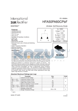 HFA50PA60CPBF datasheet - Ultrafast,sSoft Recovery Diode