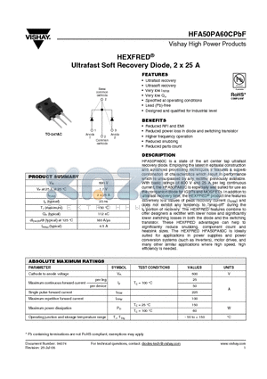 HFA50PA60CPBF datasheet - HEXFRED^ Ultrafast Soft Recovery Diode, 2 x 25 A