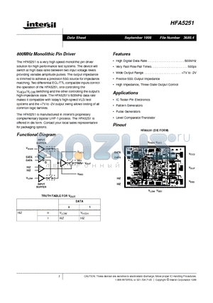 HFA5251 datasheet - 800MHz Monolithic Pin Driver
