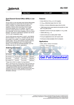 ISL1535 datasheet - Dual Channel Central Office ADSL2 Line Driver
