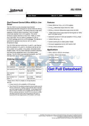 ISL1535A datasheet - Dual Channel Central Office ADSL2 Line Driver