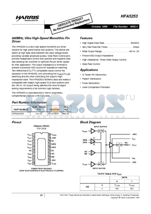 HFA5253 datasheet - 800MHz, Ultra High-Speed Monolithic Pin Driver