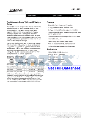 ISL1535IRZ datasheet - Dual Channel Central Office ADSL2 Line Driver