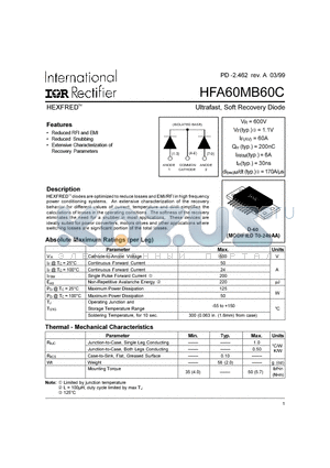 HFA60MB60C datasheet - Ultrafast, Soft Recovery Diode