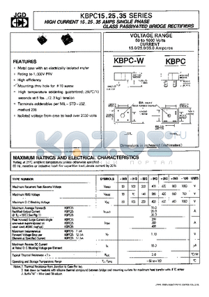 KBPC1504G datasheet - HIGH CURRENT 15,25,35 AMPS SINGLE PHASE GLASS PASSIVATED BRIDGE RECTIFIERS