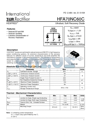 HFA70NC60C datasheet - Ultrafast, Soft Recovery Diode