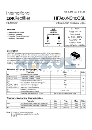 HFA80NC40CSL datasheet - Ultrafast, Soft Recovery Diode