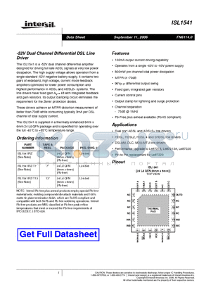 ISL1541IRZ-T7 datasheet - -52V Dual Channel Differential DSL Line Driver