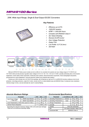 MPW2136 datasheet - 20W, Wide Input Range, Single & Dual Output DC/DC Converters