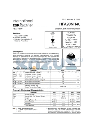 HFA90NH40 datasheet - Ultrafast, Soft Recovery Diode