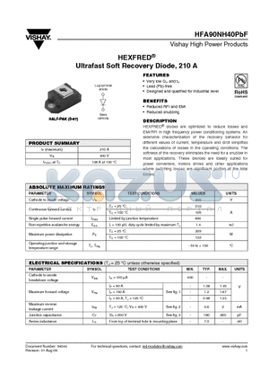 HFA90NH40PBF datasheet - HEXFRED^ Ultrafast Soft Recovery Diode, 210 A