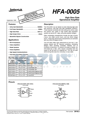 HFA9P0005-5 datasheet - High Slew Rate Operational Amplifier