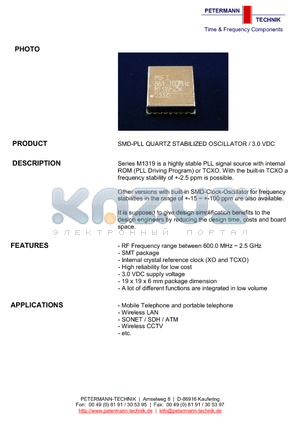 M1319-T25K datasheet - SMD-PLL QUARTZ STABILIZED OSCILLATOR / 3.0 VDC