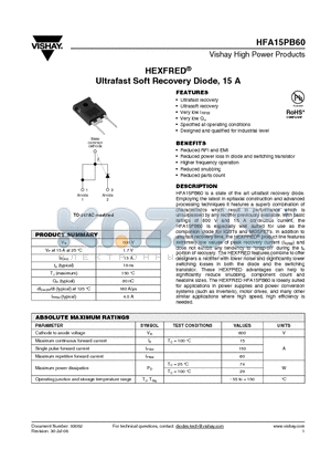 HFB15PB60 datasheet - Ultrafast Soft Recovery Diode, 15 A