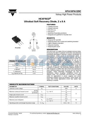 HFB16PA120CPBF datasheet - Ultrafast Soft Recovery Diode, 2 x 8 A