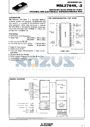 M5L2764K datasheet - 65536-BIT (8192-WORD BY 8-BIT) ERASABLE AND ELECTRICALLT REPROGRAMMABLE ROM