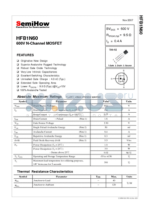 HFB1N60 datasheet - 600V N-Channel MOSFET