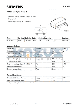 Q62702-C2340 datasheet - PNP Silicon Digital Transistor (Switching circuit, inverter, interface circuit, driver circuit)