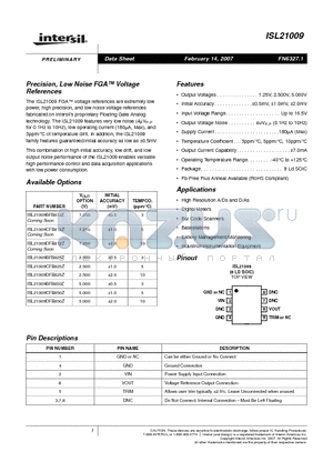 ISL21009BFB812Z datasheet - Precision, Low Noise FGA Voltage References