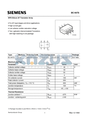 Q62702-C2372 datasheet - NPN Silicon AF Transistor Array (For AF input stages and driver applications High current gain)